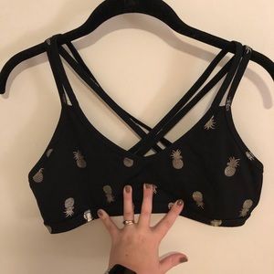 Black Beyond Yoga bra w/ gold pineapple print